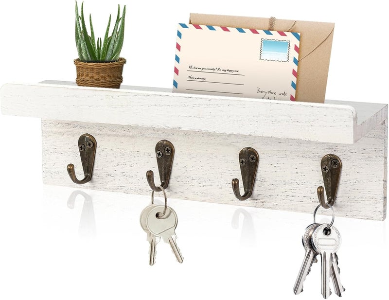 HRONRAD Rustic Key Holder for Wall, Farmhouse Wall Shelf with 4 Hooks, Wall Mounted Key Racks, Wooden Mail Organizer with Hooks for Entryway (White) - Image 1